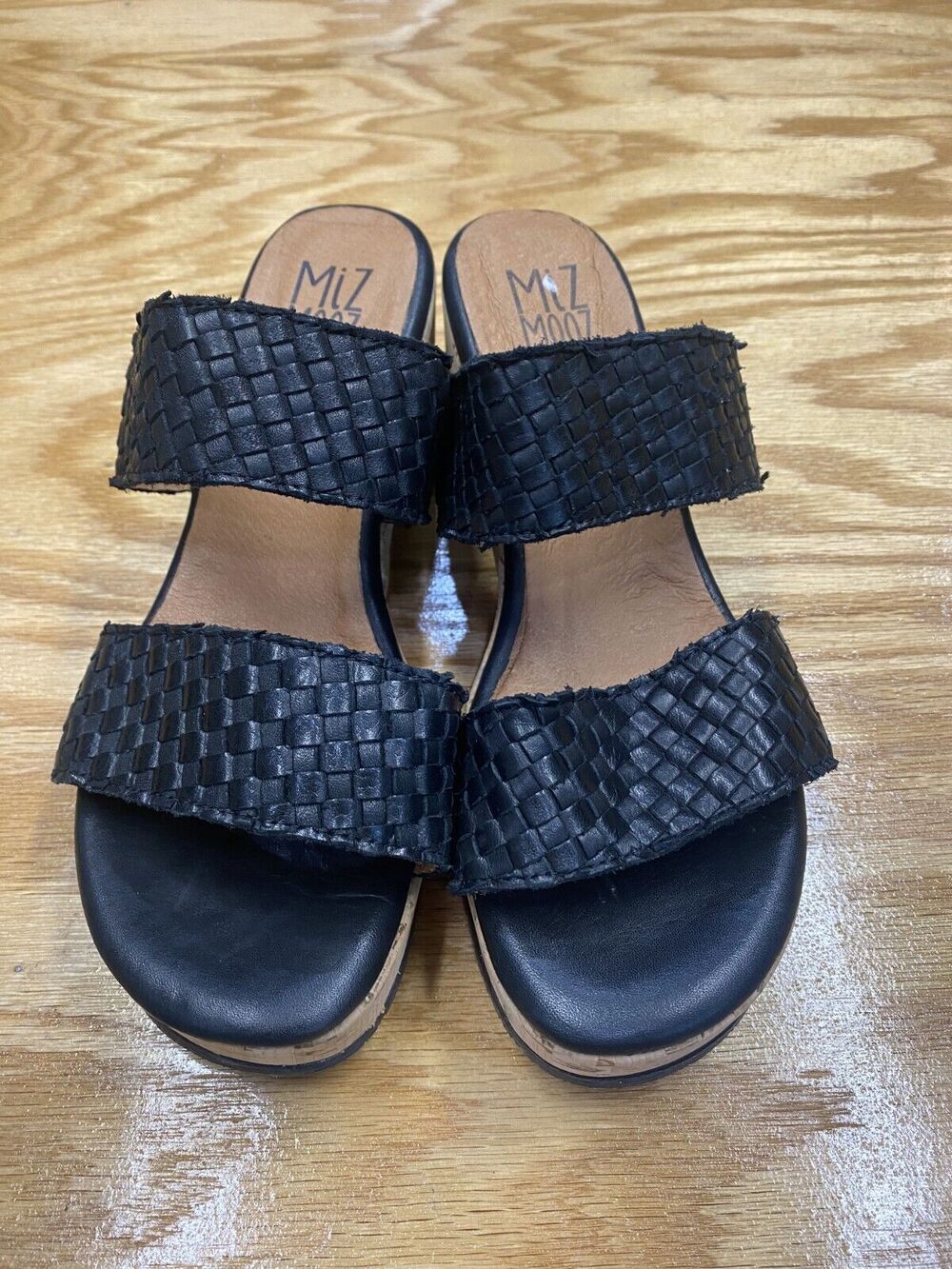 Miz Mooz Genna Slide Sandals Women's 7.5 Black Leather Block Heel Hipster S61